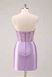 Lilac Strapless Sequins Corset Ruched Tight Cocktail Dress