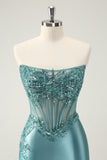 Glitter Peacock Bodycon Strapless Corset Appliques Cocktail Dress