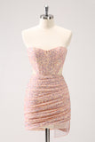 Sparkly Blush Bodycon Strapless Hollow Out Cocktail Dress with Tassel