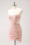 Sparkly Blush Bodycon Strapless Hollow Out Cocktail Dress with Tassel