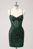 Dark Green Spaghetti Straps Tight Corset Short Cocktail Dress with Sequins