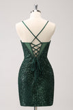 Dark Green Spaghetti Straps Tight Corset Short Cocktail Dress with Sequins