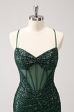 Dark Green Spaghetti Straps Tight Corset Short Cocktail Dress with Sequins