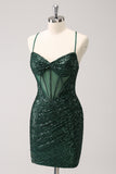 Dark Green Spaghetti Straps Tight Corset Short Cocktail Dress with Sequins