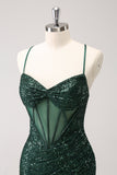 Dark Green Spaghetti Straps Tight Corset Short Cocktail Dress with Sequins