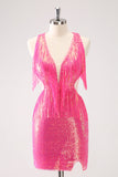 Sparkly Fuchsia V-Neck Backless Tight Cocktail Dress Dress with Tassel