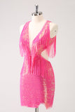 Sparkly Fuchsia V-Neck Backless Tight Cocktail Dress Dress with Tassel