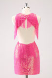 Sparkly Fuchsia V-Neck Backless Tight Cocktail Dress Dress with Tassel