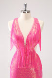 Sparkly Fuchsia V-Neck Backless Tight Cocktail Dress Dress with Tassel