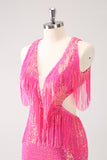 Sparkly Fuchsia V-Neck Backless Tight Cocktail Dress Dress with Tassel