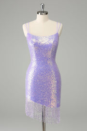 Sparkly Lilac Bodycon Sequins Cocktail Dress with Tassels