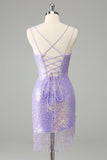 Sparkly Lilac Bodycon Sequins Lace Up Back Cocktail Dress with Tassels