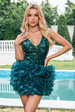 Glitter Dark Green Tight V Neck Sequins Cocktail Dress with Detachable Ruffles