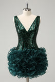 Glitter Dark Green V Neck Sequins Cocktail Dress with Detachable Ruffles