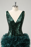 Glitter Dark Green V Neck Sequins Cocktail Dress with Detachable Ruffles