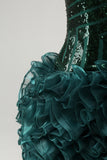 Glitter Dark Green V Neck Sequins Cocktail Dress with Detachable Ruffles