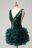 Glitter Dark Green V Neck Sequins Cocktail Dress with Detachable Ruffles