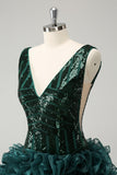 Glitter Dark Green V Neck Sequins Cocktail Dress with Detachable Ruffles