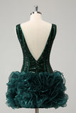 Glitter Dark Green Tight V Neck Sequins Cocktail Dress with Detachable Ruffles