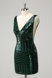 Glitter Dark Green V Neck Sequins Cocktail Dress with Detachable Ruffles