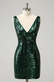 Glitter Dark Green V Neck Sequins Cocktail Dress with Detachable Ruffles