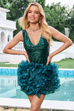 Glitter Dark Green Tight V Neck Sequins Cocktail Dress with Detachable Ruffles