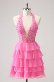 Hot Pink A Line Halter Tiered Corset Short Cocktail Dress with Ruffles