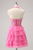 Hot Pink A Line Halter Tiered Corset Short Cocktail Dress with Ruffles