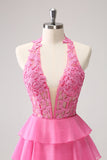 Hot Pink A Line Halter Tiered Corset Short Cocktail Dress with Ruffles