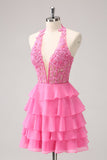 Hot Pink A Line Halter Tiered Corset Short Cocktail Dress with Ruffles