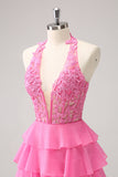 Hot Pink A Line Halter Tiered Corset Short Cocktail Dress with Ruffles