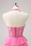 Hot Pink A Line Halter Tiered Corset Short Cocktail Dress with Ruffles