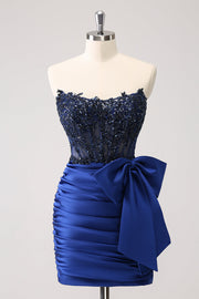 Sparkly Navy Strapless Beaded Tight Cocktail Dress with Bow