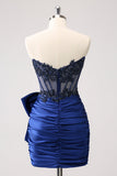 Sparkly Navy Strapless Beaded Tight Cocktail Dress with Bow