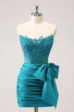 Sparkly Peacock Green Strapless Tight Beaded Cocktail Dress with Bow