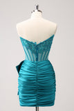 Sparkly Peacock Green Strapless Tight Beaded Cocktail Dress with Bow