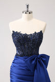 Sparkly Navy Strapless Beaded Tight Cocktail Dress with Bow