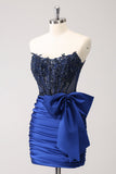 Sparkly Navy Strapless Beaded Tight Cocktail Dress with Bow