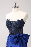 Sparkly Navy Strapless Beaded Tight Cocktail Dress with Bow