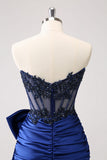 Sparkly Navy Strapless Beaded Tight Cocktail Dress with Bow