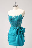 Sparkly Peacock Green Strapless Tight Beaded Cocktail Dress with Bow