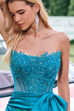 Sparkly Peacock Green Strapless Tight Beaded Cocktail Dress with Bow