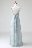 Grey Green Sheath Floral Print Long Bridesmaid Dress With Slit