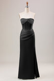 Sheath Corset Strapless Long Green Bridesmaid Dress With Slit