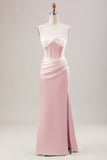 Sheath Dusty Rose Corset Strapless Long Bridesmaid Dress With Slit