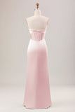 Sheath Dusty Rose Corset Strapless Long Bridesmaid Dress With Slit