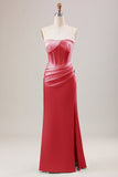 Sheath Dusty Rose Corset Strapless Long Bridesmaid Dress With Slit