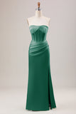 Eucalyptus Sheath Corset Strapless Long Bridesmaid Dress With Slit