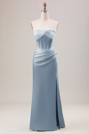 Dusty Blue Sheath Corset Strapless Long Bridesmaid Dress With Slit