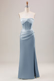 Eucalyptus Sheath Corset Strapless Long Bridesmaid Dress With Slit